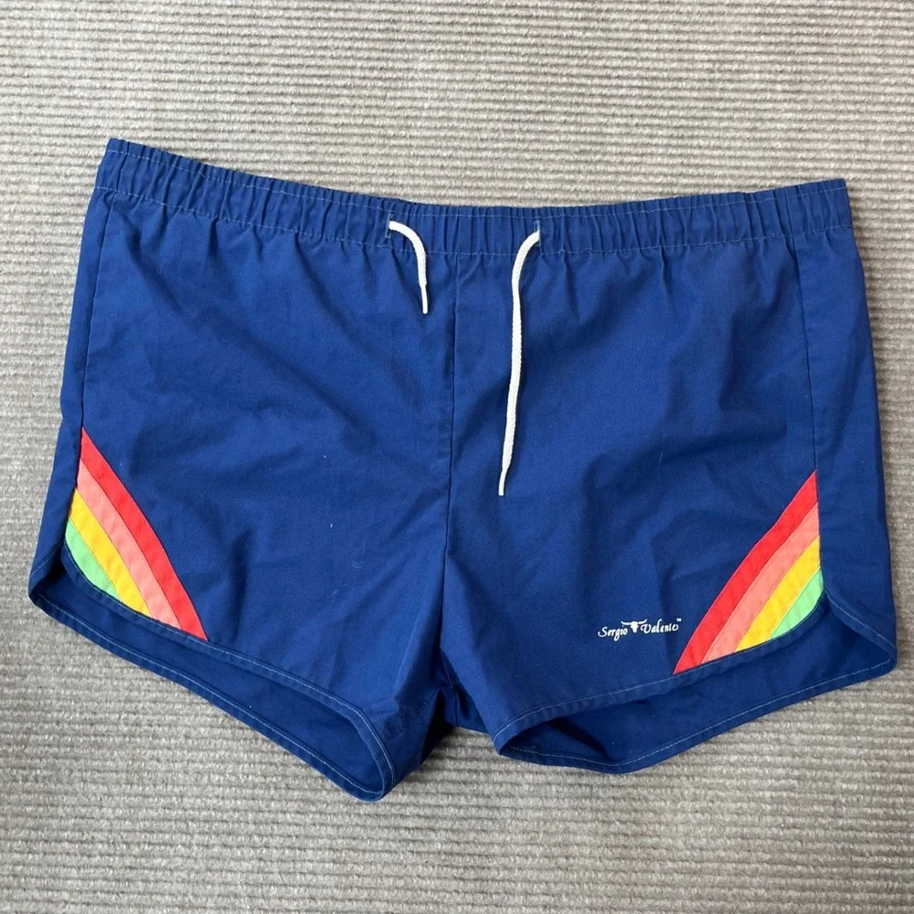 Sergio Valente Vintage 80s Blue Rainbow Stripe Swim Trunks Mens Size Large USA